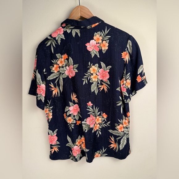 Hawaiian Button Up Blouse Hibiscus Bird of Paradise Navy Floral Jamaica Bay LG - Picture 3 of 12